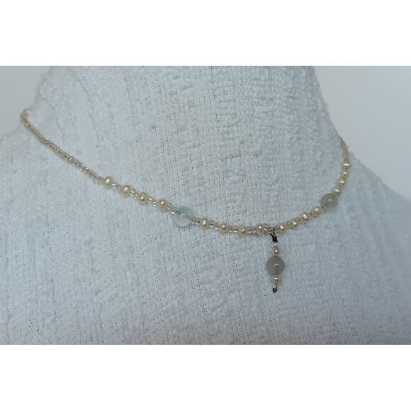 Handmade Sterling Silver Moonstone Pearl & Seed Bead Choker Necklace 15 in - Picture 3 of 11